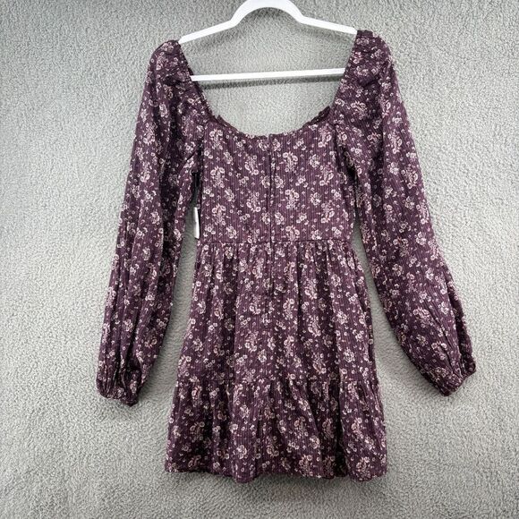 Altar’d State Floral Boho Cottagecore Mini Dress Purple Wine Long Sleeve Small - Picture 2 of 12